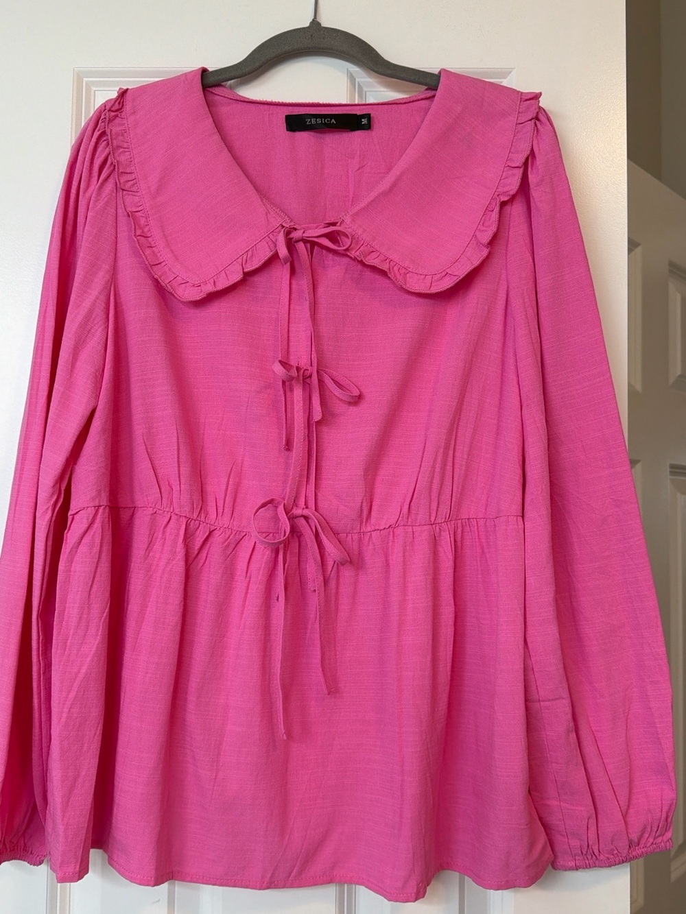 Zesica Pink Ruffle-Collar Tie-Front Blouse